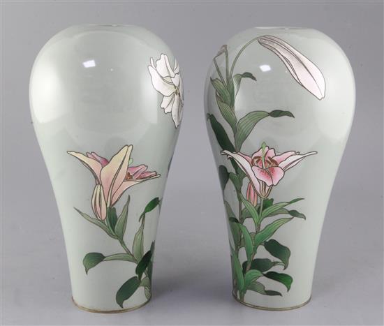A fine pair of Japanese cloisonne enamel celadon ground vases, studio of Hayashi Kodenji, Meiji/Taisho period, 31.5cm high